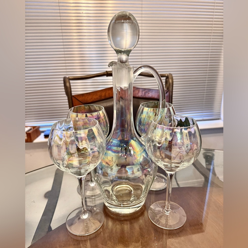 Vintage Macys iridescent crystals decanter set like new.